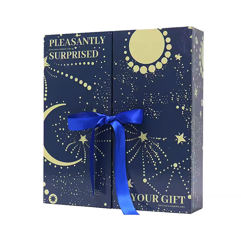 Luxury Double Door Flip Open Cosmetic Advent Calendar Gift Paper Box With Ribbon Closure Luxury Double Door Flip Open Cosmetic Advent Calendar Gift Paper Box With Ribbon Closure