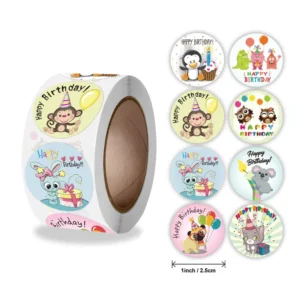 1-Inch Round Cartoon Animal Self-Adhesive Stickers, Penguin, Monkey, Owl Pattern, Eco-Friendly Roll