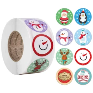 1 Inch Round Christmas Adhesive Stickers with Santa, Snowman, and Reindeer Patterns for Gift Wrapping and Sealing