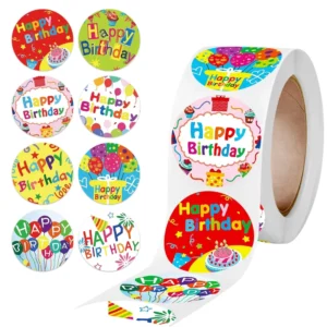 1.5-Inch Packaging Stickers Circle Happy Birthday Pattern Waterproof Self-Adhesive Birthday Stickers