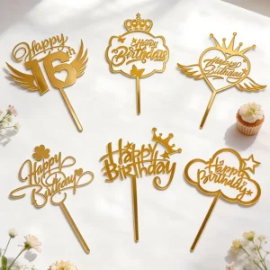 10 Pack Happy Birthday Mirrored Gold Acrylic Cake Toppers