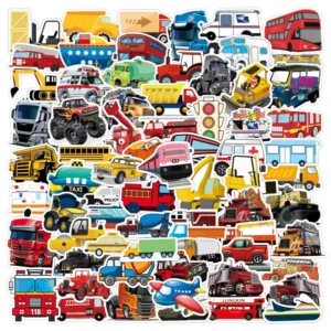 100-Pack Cartoon Vehicle Waterproof Die-Cut Vinyl Adhesive Stickers for Cars, Buses, Books, Walls, Laptops and Motorcycles