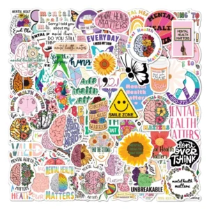 100-Pack Waterproof Vinyl Inspirational Mental Health Stickers, Customizable Size, Cosmetic Use