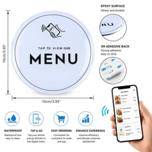 10cm 3.93 Inch NFC Menu Plate Sticker with 3M Adhesive Back, Tap to Order, Waterproof Epoxy