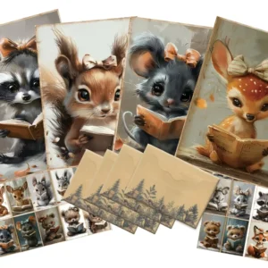 12 Cards 34 Stickers and 4 Envelopes Woodland Animal Postcard Set