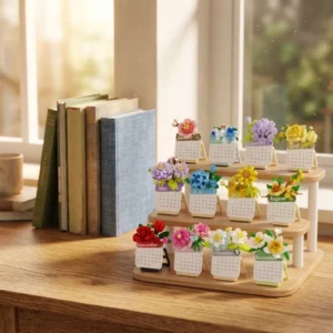 12-Month Building Block Flower Perpetual Desk Calendar Set with Wooden Stand