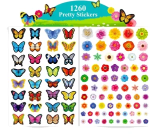 1260 PCS Butterfly Flower Stickers 24 Sheets Colorful Springtime Blossom Home Decoration Paper Reflective Non White Edge