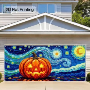 13 x 6 ft Halloween Garage Door Banner, Starry Night Sky with Pumpkin and Lantern Swirl Design for Home Parties