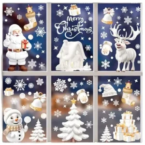 190 Pcs Stereoscopic Effect Double Sided Printed Reusable Christmas Window Stickers Santa Claus Snowflake Self Adhesive