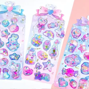 2026 Cartoon 3D Liquid Glitter Shaker Water Oil Stickers, White Card