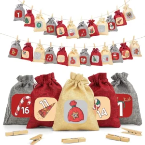 24-Day Christmas Advent Calendar Fillable Burlap Drawstring Pouches with Number Stickers