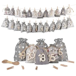 24 Days Christmas Drawstring Fabric Gift Bags Burlap Hanging Countdown Calendar Bag with Clip Rope for DIY Xmas Home Decorations