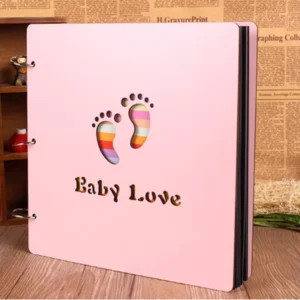 29*29cm Baby Photo Album with Carved Wood Cover Wire Binding Eco-Friendly Design Pink Plastic Pages and Pockets