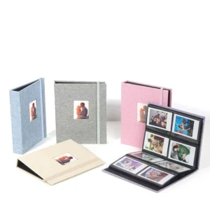 3-Inch Cotton Linen Binder Photo Album, 208-Sheet Business Card Book with Stamp, Wedding Photo Storage, Instax Mini Album