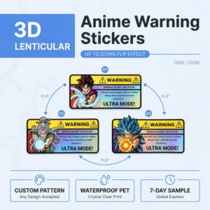 3D Cartoon Moving Decal PET Water-Resistant UV-Printed Anime Motion Sparkle Warning Car Stickers