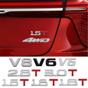 3D Metal Chrome Sport Letter Logo Car Side Sticker Badge V6 4WD Decal Car Rear Engine Displacement Mark 1.5T 2.0T 3.0T Label