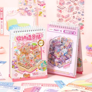 3D Miniature Scene DIY Sticker Set 15 Pre-Cut PET Stickers and 15 Background Cards for Kawaii Diorama and Handcrafts