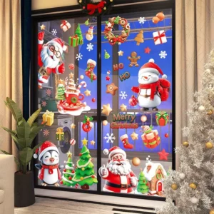3D Santa & Reindeer Static Cling Christmas Window Decor Stickers Glue Free Self Adhesive Glass Door Decals