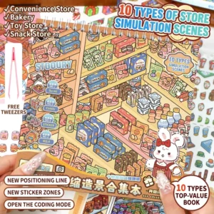 3D Sticker Scene Book for Adults, 10 Mini Sticker Scene Sets, DIY Craft, Cozy Room and Supermarket Scenes