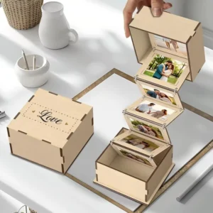 3D Wooden Foldable Photo Memory Box with Pull-Out Photo Frame Laser-Cut