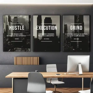 3Pcs Modern Abstract Hustle Grind Execute Canvas Print Poster Inspirational Motivational Wall Decor for Living Room