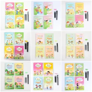 4-Piece Multilingual Reusable Magic Books with Pen, English French Arabic Spanish German Russian, Educational Kids Books