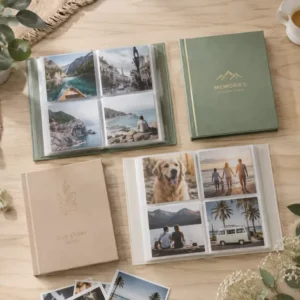 4-Pocket Linen Photo Album with Custom Embroidered Cover and Slipcase, Wedding Memory Book
