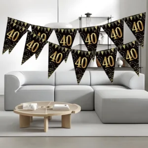 40th Birthday Flag Banner, Black and Gold Triangle, Eid and Ramadan Party Supplies