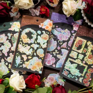 4pcs Pack Pet Gold Foil Stickers Sweet and Tipsy Light Vintage Hot Silver Flower Notebook Phone Case Material Stickers