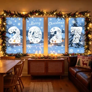 4pcs set Christmas Electrostatic Sticker Custom Static Cling Window Sticker Roll Snowflake Sticker for Shop Restaurant Home