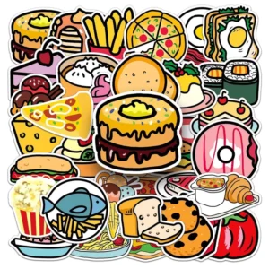 50 Pcs Food Waterproof PVC Die-Cut Sport Sticker Pack for Kids’ Cups Laptops Bicycles Luggage and Phones