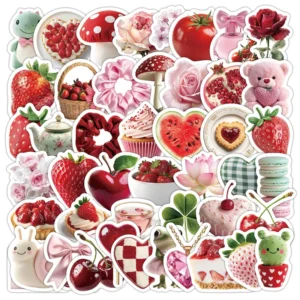 50-Piece Cartoon Strawberry Waterproof Stickers for Water Cups and Computers