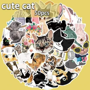 50-Piece Cat PVC Waterproof Adhesive Stickers for Helmet, Laptop, Skateboard, Suitcase, Refrigerator, and Books