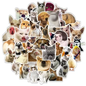 50-Piece Cat and Dog Meme Waterproof Stickers for Notebook, Wall, Laptop, and Car