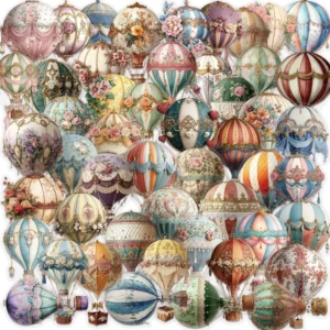 50 Piece Cute Retro Hot Air Balloon Sticker Pack Waterproof Transparent PET Material Bullet Journals Guitar Deco DIY Stickers