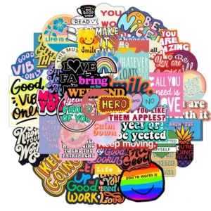 50-Piece English Phrase Waterproof PVC Graffiti Sticker Pack for Cups, Bottles, Notebooks, Luggage, Laptops, and Skateboards