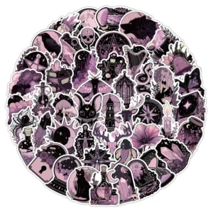 50-Piece Halloween Gothic Waterproof Vinyl Stickers, Purple, for Journals, Scrapbooks, and Laptops