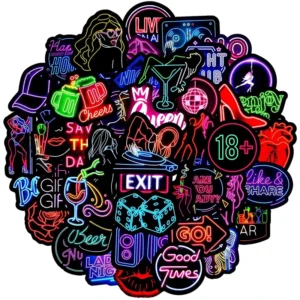 50-Piece Neon Bar and Nightclub Logo Graffiti Stickers for Wall and Table Decor