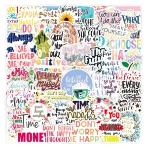 50-Piece Non-Repeating Waterproof Inspirational Phrase Doodle Sticker Set