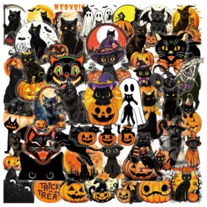 50-Piece Pack Transparent Dark Halloween Graffiti Stickers, Black Cat and Pumpkin Designs