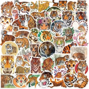 50-Piece Tiger PVC Waterproof Adhesive Stickers for Helmet, Laptop, Skateboard, Suitcase, Refrigerator, and Books