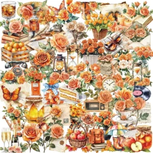 50-Piece Vintage Orange Rose Floral Stickers, Clear PET Scrapbooking Decals