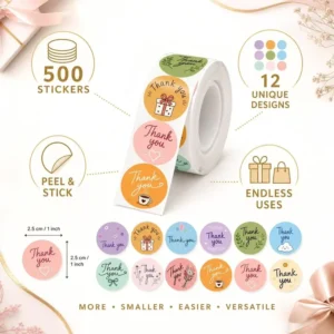 500 Pcs/Roll 1 Inch Thank You Sealing Stickers Waterproof Vinyl Round Labels with 12 Designs for Bakery Gift and DIY Packaging