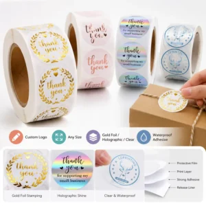 500-Piece Gold Foil Thank You Sticker Roll, Waterproof Round Labels for Packaging, Gift Boxes, Bags, and Bakery Products