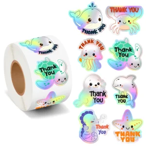 500-Piece Ocean Animal Thank-You Sticker Roll, Holographic Jellyfish Self-Adhesive Labels for Small Business