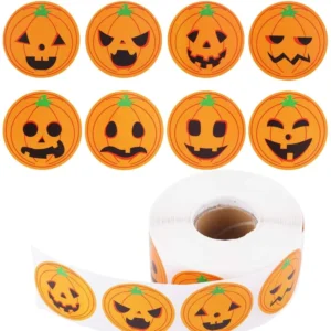 500-Piece Roll 1.5-Inch Waterproof Self-Adhesive Halloween Pumpkin Stickers for Party Envelopes and Scrapbooks