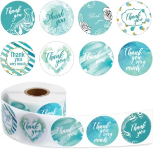 500-Piece Roll Greenish-Blue Waterproof Self-Adhesive Thank-You Stickers for Bakery Packaging