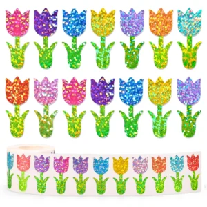 500-Piece Spring Flower Sticker Roll, Holographic PET, Sparkly Colorful Tulip Floral Self-Adhesive Stickers