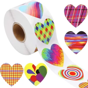 500-Sheet Colorful Heart Stickers, Abstract Geometric Rainbow Design for Packaging and Gift Wrap
