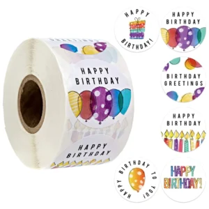 500-Sheet Roll Happy Birthday Balloon Decoration Stickers Circular Assorted Designs Eco-Friendly Stickers